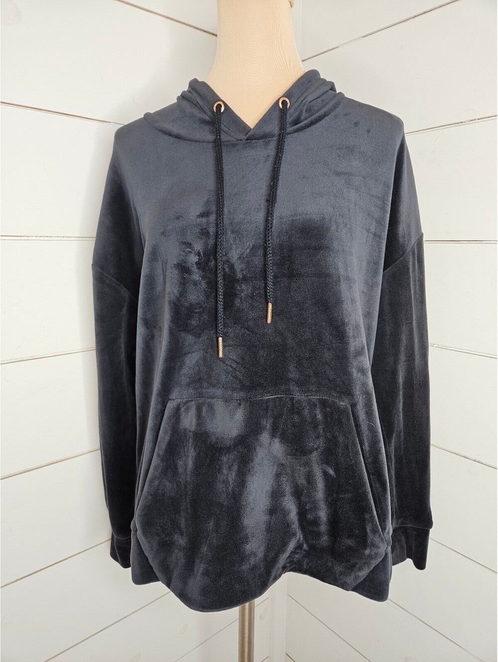 Green Tea medium bluish grey velour hoodie with kangaroo pouch